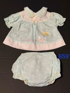 Vintage Baby Girls Light Mint & Pink Two-Piece Dress Set